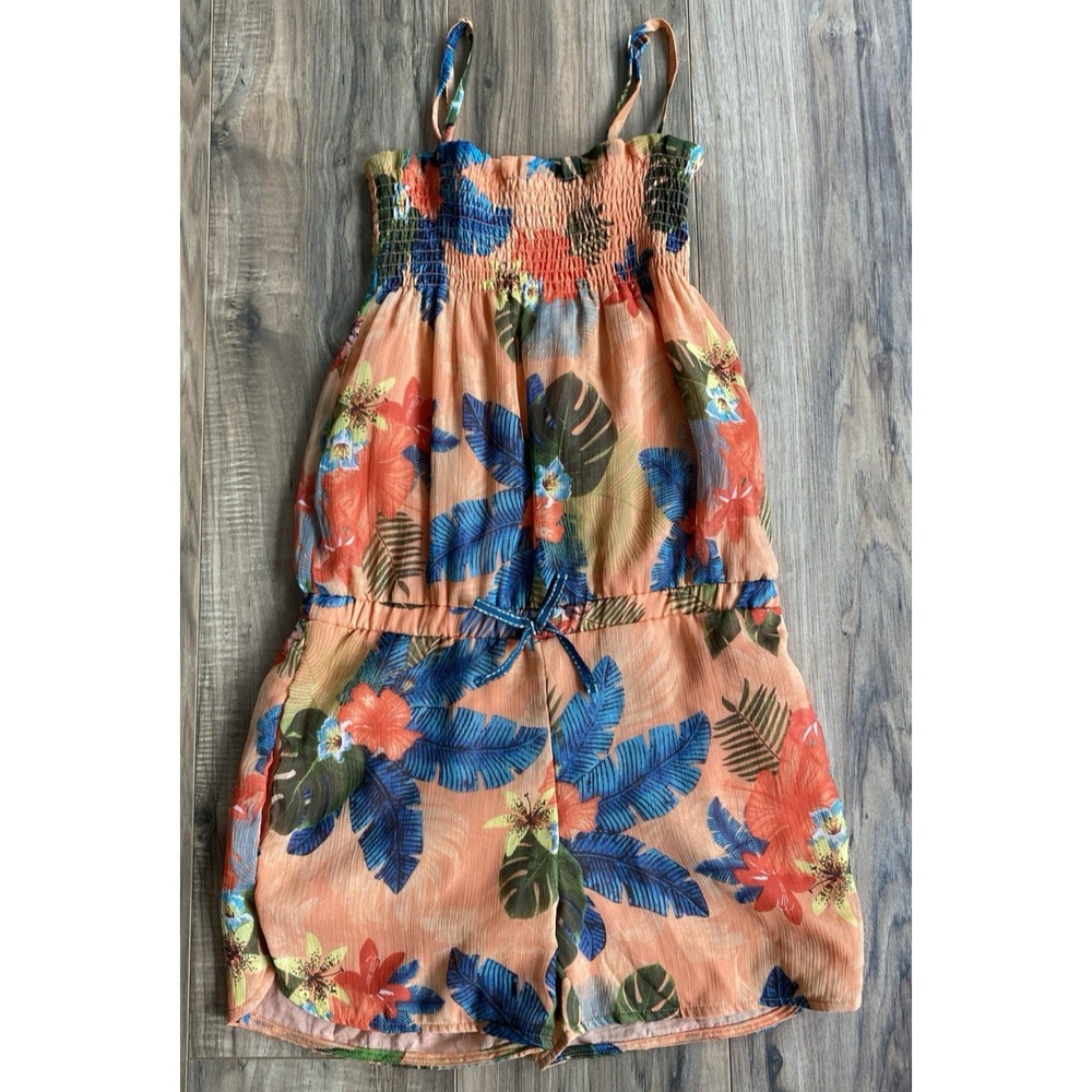 Desigual Romper Kids Girls Orange Blue Floral Print Smocked Sleeveless Sz 11/12